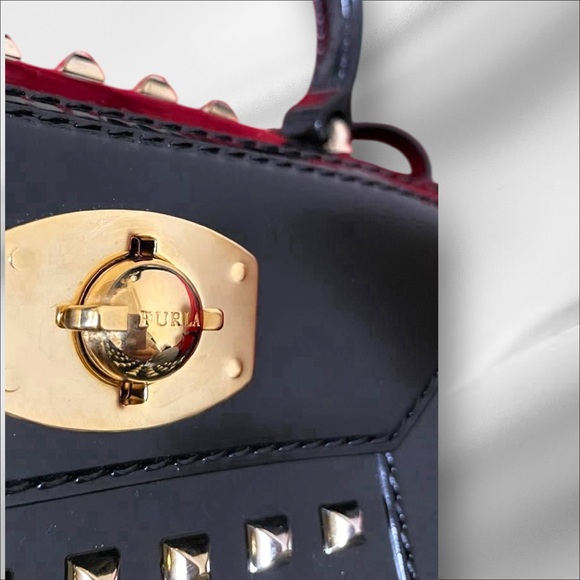 Furla Mini Black Patent Leather Studded Crossbody Bag Made in Italy - Picture 4 of 10